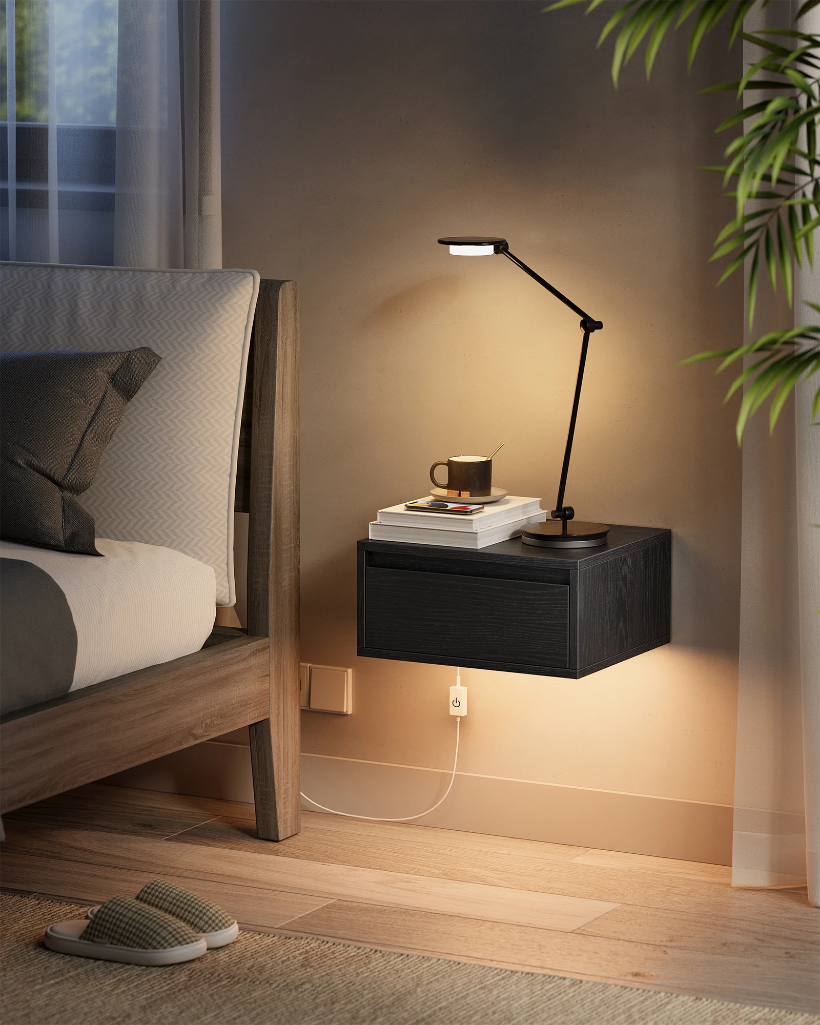 VASAGLE Multipurpose Wooden Small Floating Wall Mounted Nightstand With Drawer Modern Bedside Table with Led