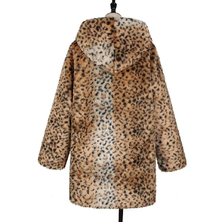 Cappotto di pelliccia di volpe da donna con cappuccio e motivo leopardato, stile medio lungo, invernale_voghion.com