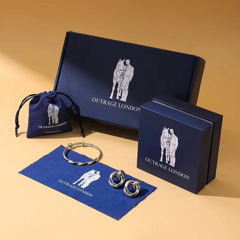 Wholesale Luxurious Blue Lid Base Jewelry Box Set Embossed Printing Drawstring Bag Protective Bubble Bag Polishing Cloth Custom
