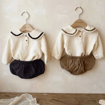 Infant Baby Girls Boys Clothing Set Navy Collar Cotton T-shirt+PP Shorts Casual Suit Autumn Spring Toddler Baby Clothes Set