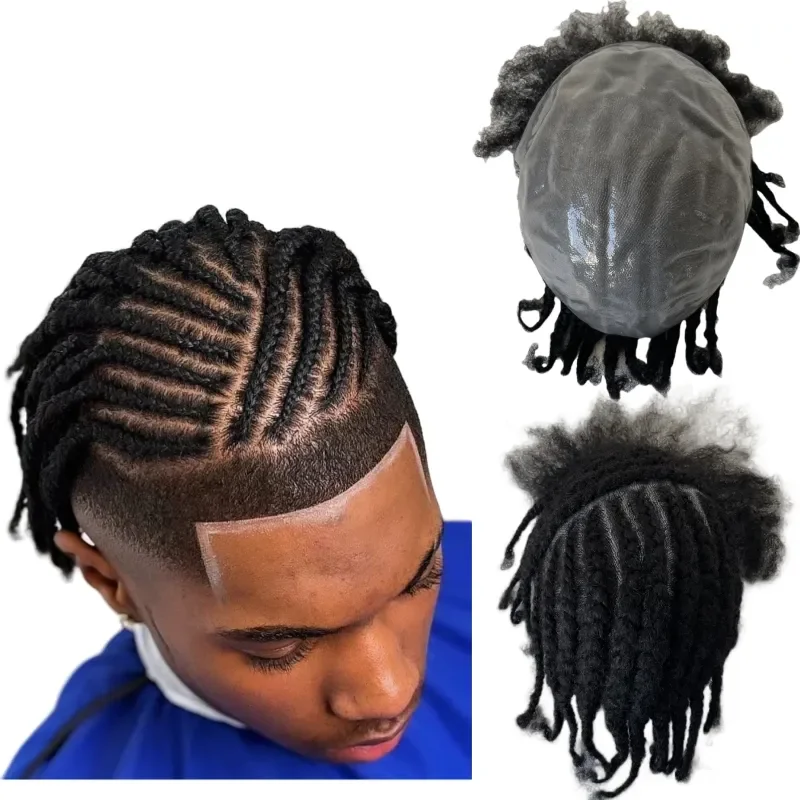 Cornrow Braids Male Wig with Edges Baby Hair Box Braids Thin Skin Pu Pre-styled Men's Toupee Indian Men for Black Mens