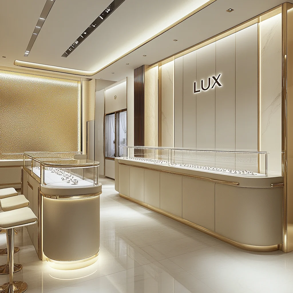 LUX Custom Modern Dubai Jewellery Display High Quality Wood Jewelry Display Showcase Shop Interior Decor Design