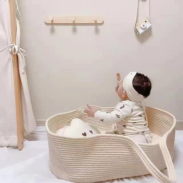 Foldable Customized Portable Soft Nappy Caddy 100%cotton Rope Baby Changing Woven Moses Cotton Rope Basket