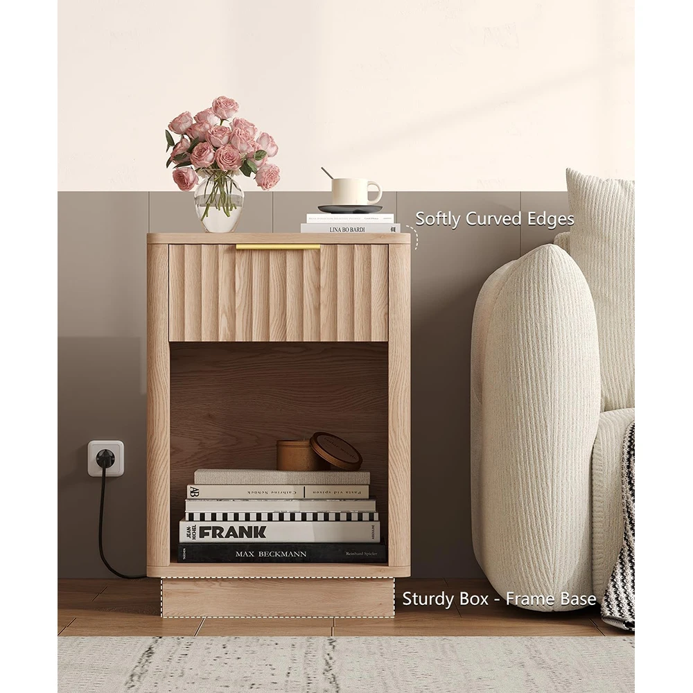 product nu deco mh25827 modern mid century wooden nightstand charging station led light drawer 15dx157wx226h bedroom natural oak-6