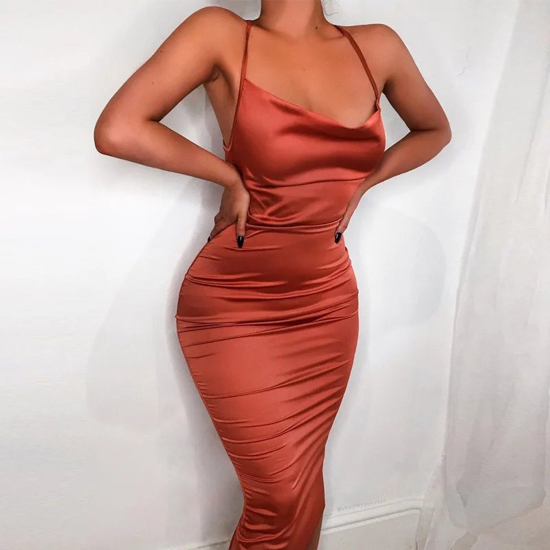 10% Neon Satin Lace up Women Long Midi Dress Bodycon Backless Elegant Party  Sexy Club Clothes 2023 Summer Dinner Outfit Shop Our 10% Neon Satin Midi Dress - Elegant \u0026 Sexy