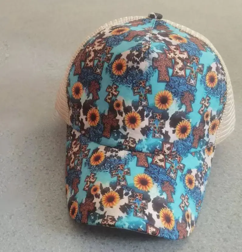 O265 Women Summer Ponytail Hat - Cactus Cow Leopard Print
