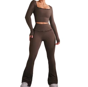 Custom High Quality Women's 2 Piece Flared Yoga Set High Waisted Sportswear Outfit for Gym Pilates Lounge Wear