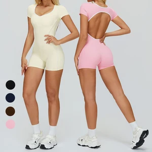 High Quality Gym Tummy Control Jumpsuit Sport Wear Women Hollow Out Back Fitting Compression Workout Bodysuit