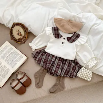 Ins Spring baby girl preppy style suit fashionable Plaid lapel long sleeve top pleated pantskirt two-piece set