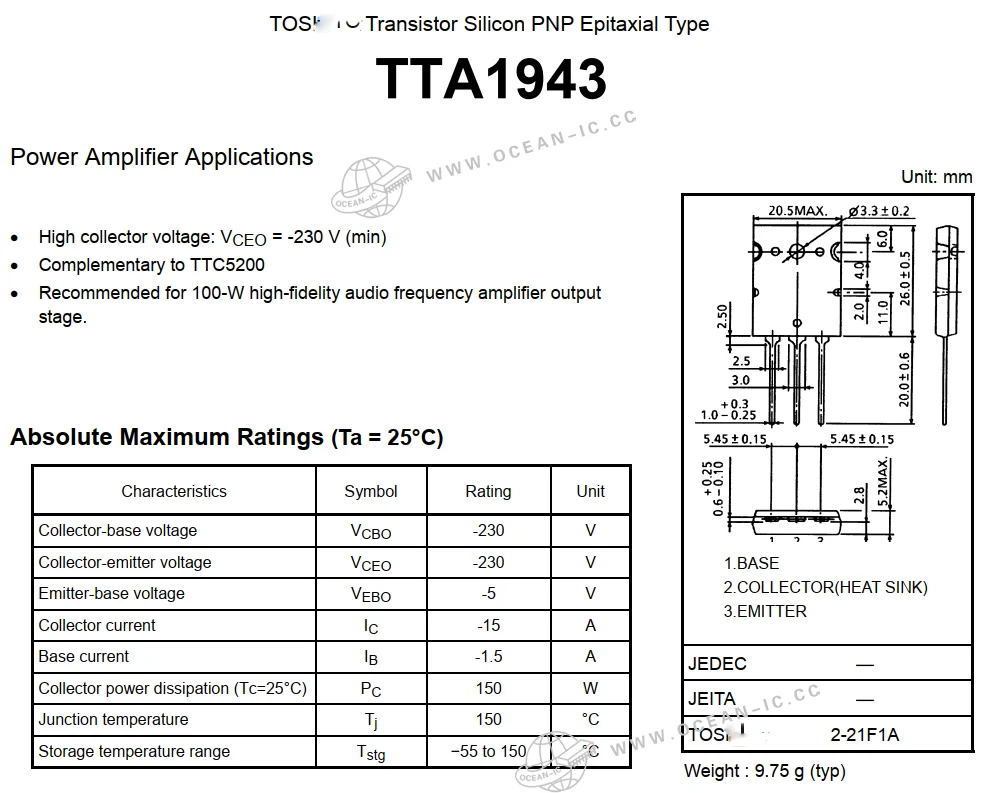 100% Original Tta1943 Ttc5200 Audio Power Amplifier Applications To-3pl