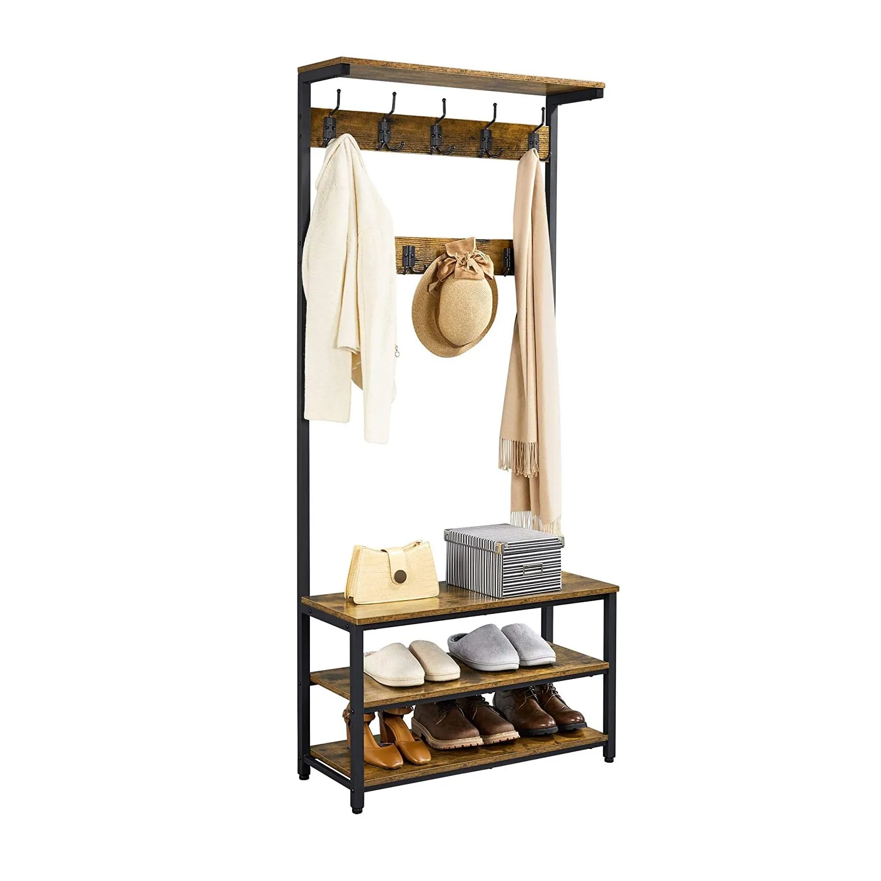 3 Tier Storage Shelf Entryway Coat Rack Shoe Bench With 1 Top Board & 2 Shoe Shleves & 23 Ball