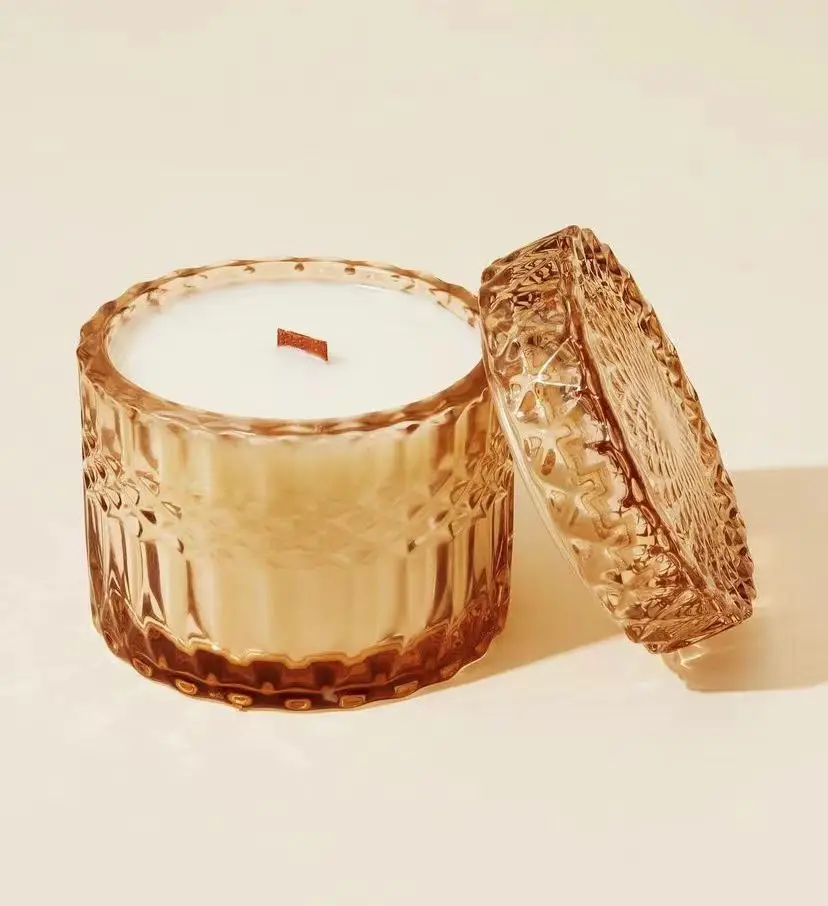 Empty Unique Iridescent Embossed Glass Candle Jar With Flat Lid Matte