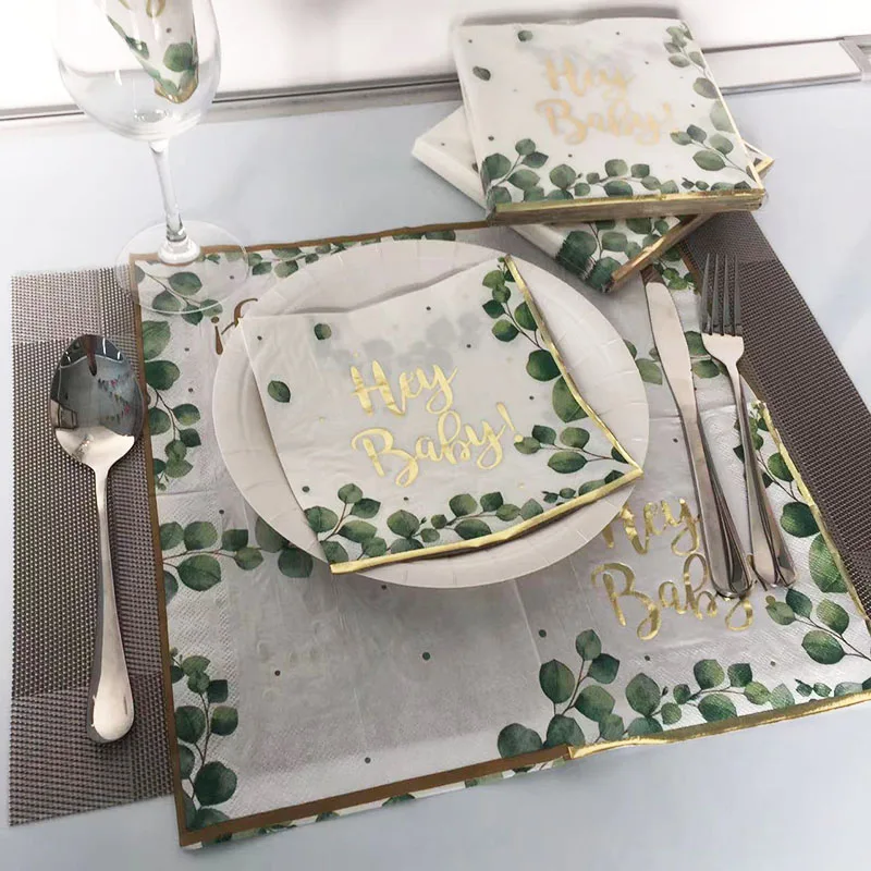 Бумажные салфетки с принтом зеленых листьев из золотой фольги для декупажа ручные полотенца набор одноразовых столовых приборов салфеткой