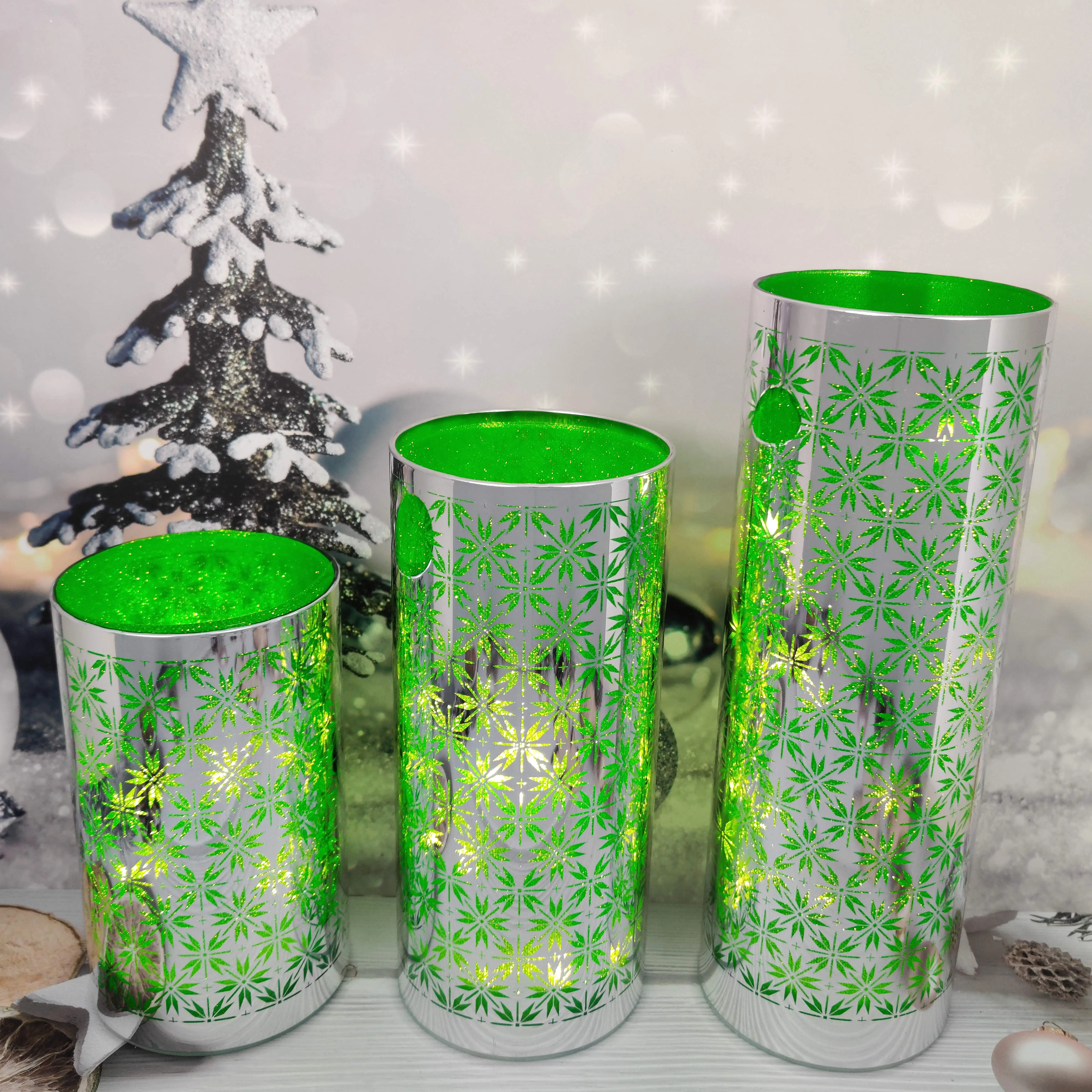 Battery operated led light up glass Christmas cylinder hurricane table decoration setting ideas manufacture