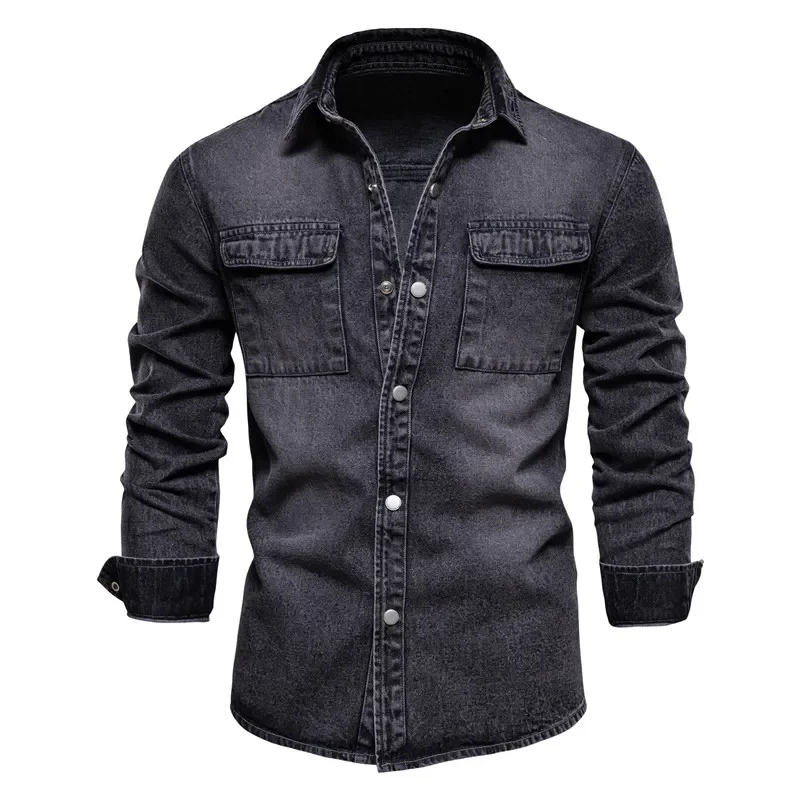 Autumn 100% Cotton Denim Shirts Men Casual Solid Color Long Sleeve Shirt for Men Spring High Quality Jeans Male Shirt