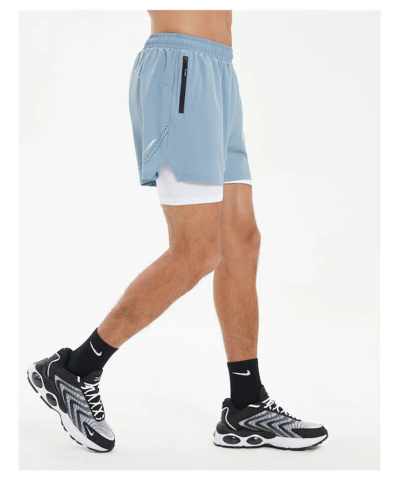 New 2 in 1 Running Training Sport Shorts Quick Dry Zip Side Pocket Gym Fitness Basketball Polyester Workout Track Shorts for Men