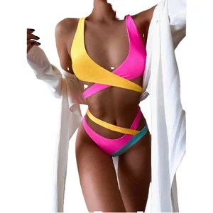 OEM Custom Ladies Swimwear New Sexy Solid Color Cross Bandage Halter Two Piece Bikini Push Bra High Cut High Slit Beachwear