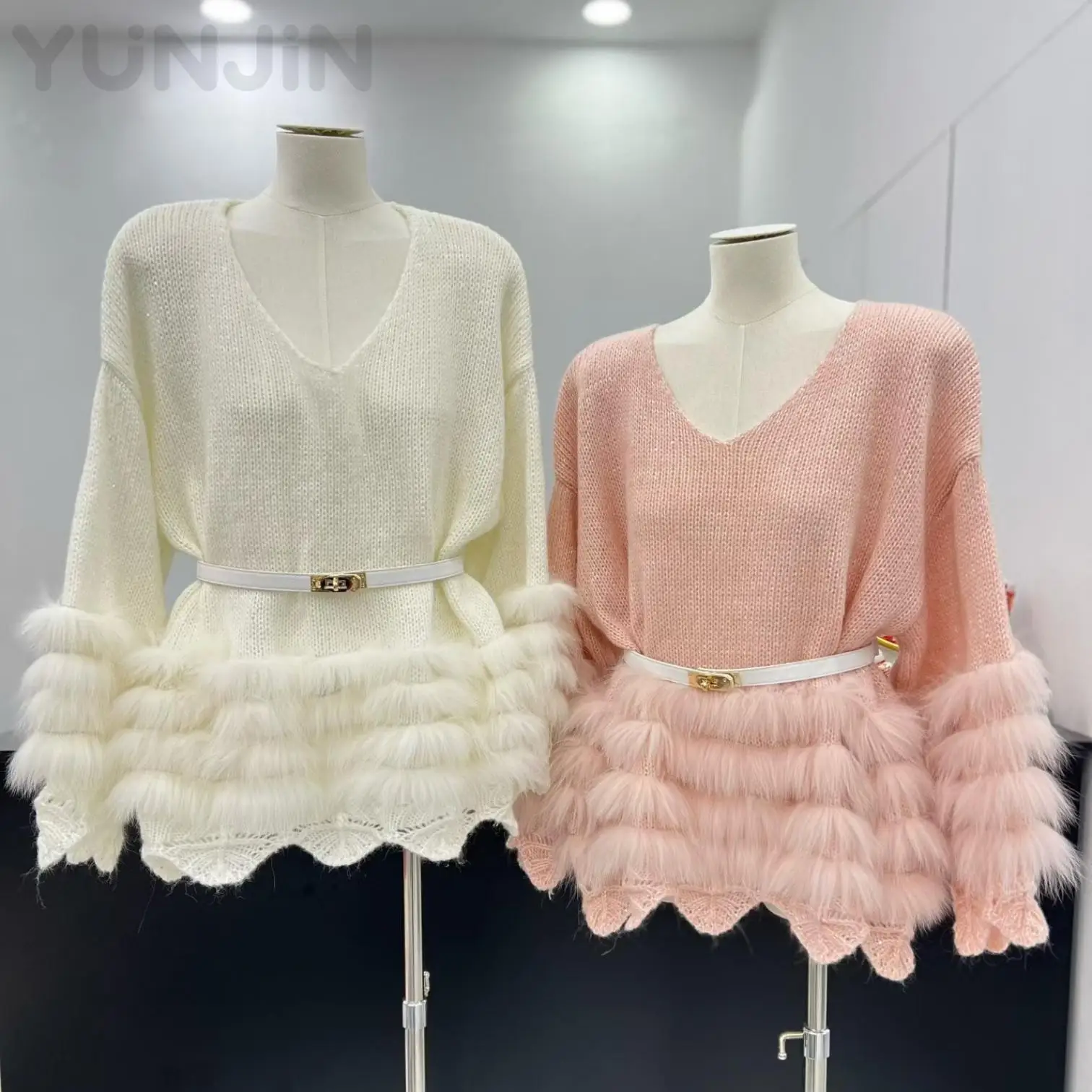 Women Real Fox Fur Trim Knit Sweater Skirt