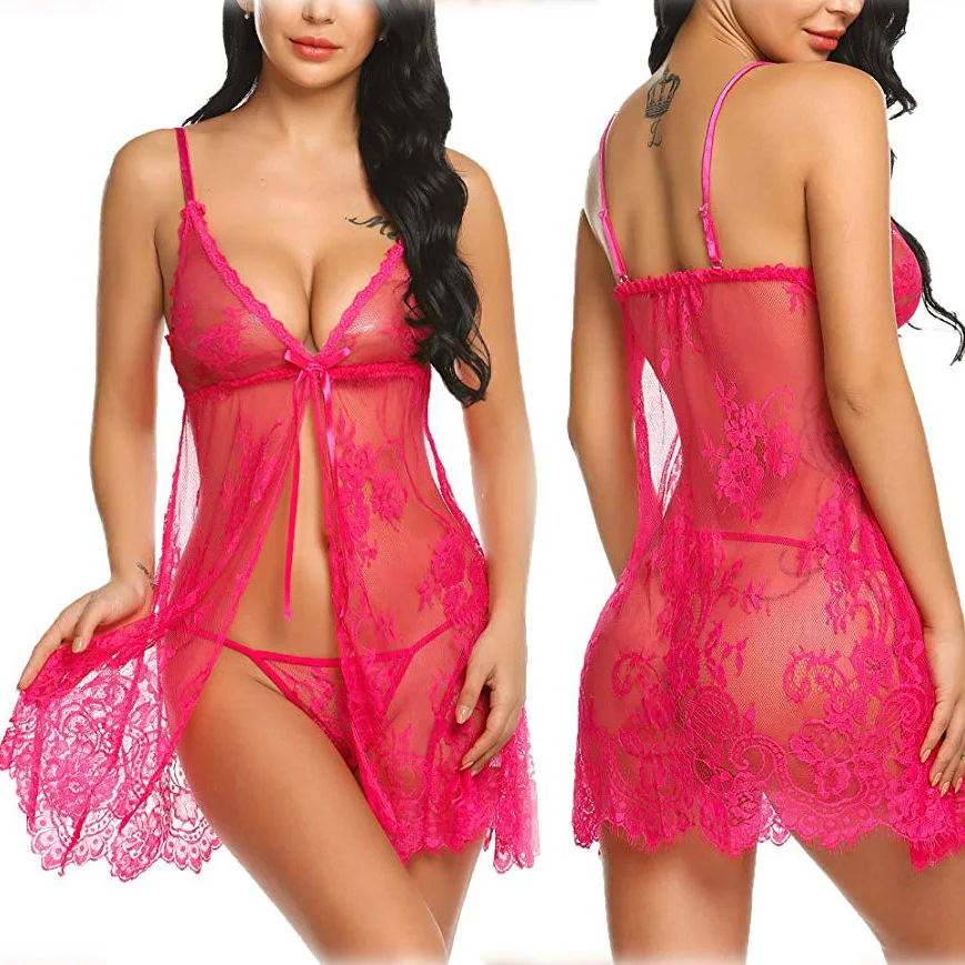 European American New Style Sexy Lingerie Eyelash Strap Women's Nightdress Set Light Breathable