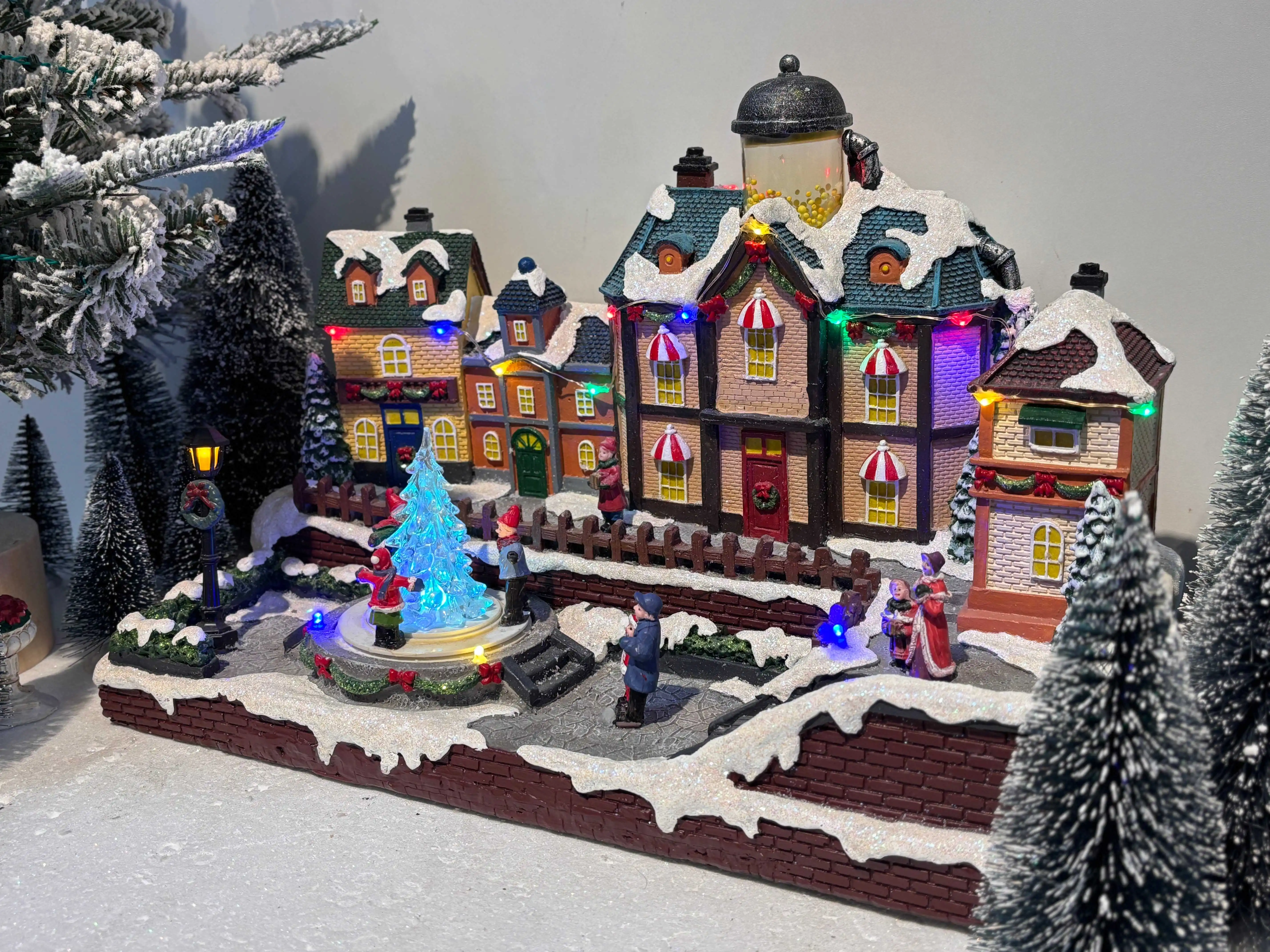 Christmas Market Square with LED Light Resin Christmas Tree Sculpture Kids Featuring Popcorn Functions Desktop Decoration