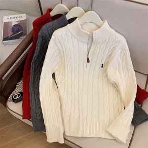 Custom Logo Fashion Winter Embroidery Casual Knitwear Cable Jacquard Knitted Sweater Top Half Zipper Pullover Women Knit Sweater