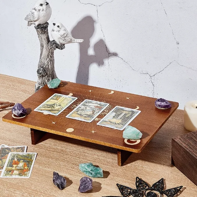 Custom Pattern Moon Tree Engraved Design Wood Wiccan Alter Table Wooden Meditation Altar Table