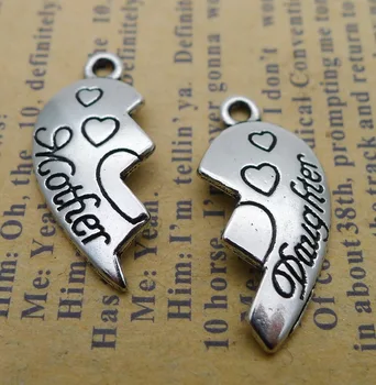 AA018288 24x21mm Antique Silver Plated Zinc Alloy Mother And Daughter Heart Puzzle Charms Pendants