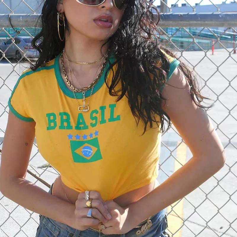 Dehan Customize Crop Top Stringer Tank Top T Shirt Corset Letter Printing Brazil Country Flags Baby T Shirt for Women