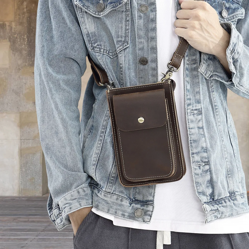 New Design Custom Genuine Cow Leather Wallet Purse Mini Shoulder Men Waist Bag Crazy Horse Real Leather Mobile Cell Phone Bag