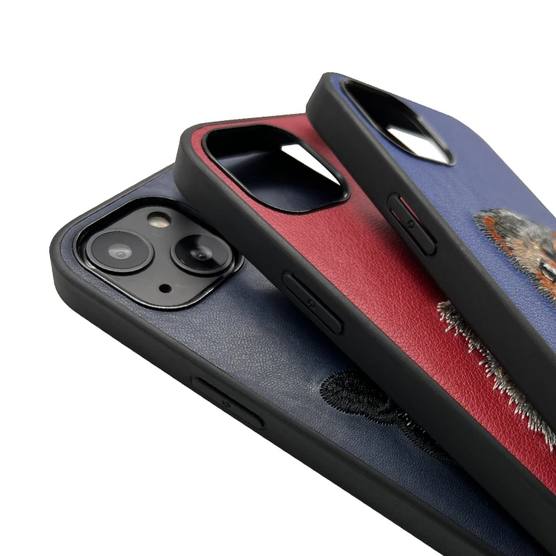 Custom Pattern logo High Quality Animal Embroidery Soft Slim Pu Pure Leather Mobile Phone Cases for iPhone 14 15 Pro Max