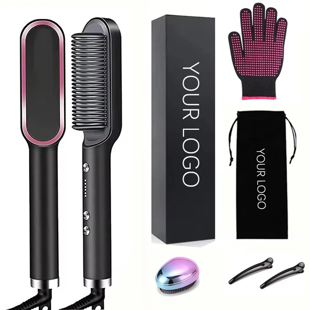 2024 New Fast Heating Portable 2 in 1 Hair Straightener Brush And Curler Negative Ion Hair Straightener Styling Comb With 5 Temp