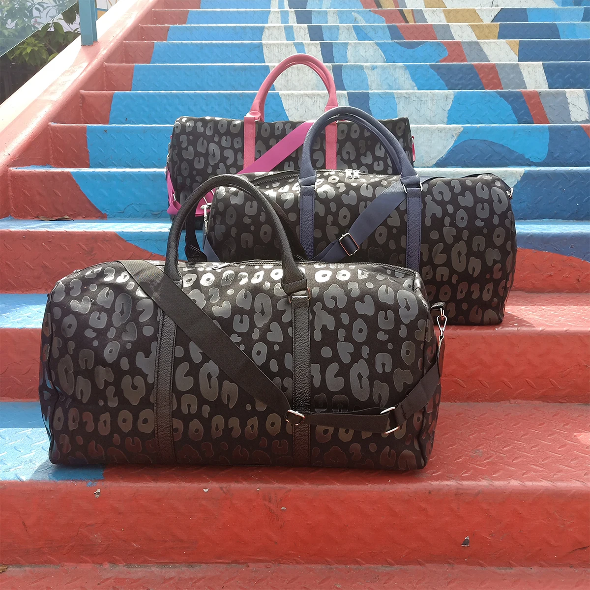 Wholesale Large Weekender Leopard Leather Handle Duffel Gym Sports