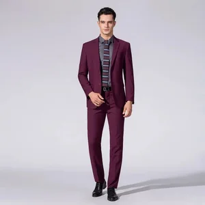 2 Pieces High Quality Men's Slim Haute Couture Single-Breasted Suits Wine Red All-Style Commuting & Wedding Attire