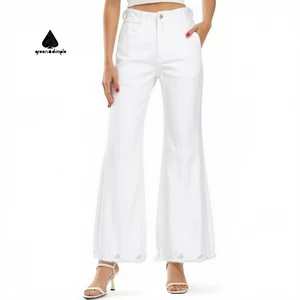 OEM Custom Logo Women's Boot Cut Flare Denim Denim Pants White Breathable Solid Rivet Waist for Summer Autumn Casual Jeans