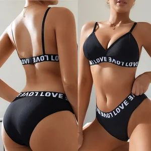 Breathable Anti Sagging Low Back Closures Low Waist Briefs Workout Thread Bra Set with Letters Bikini Style Brassiere Panties