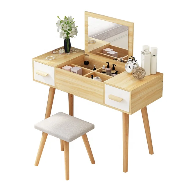 Woman Wooden Makeup Vanity Desk Table Set Bedroom White Vanity Table and Chair Set Wood Style Packing Modern Furniture Color MDF