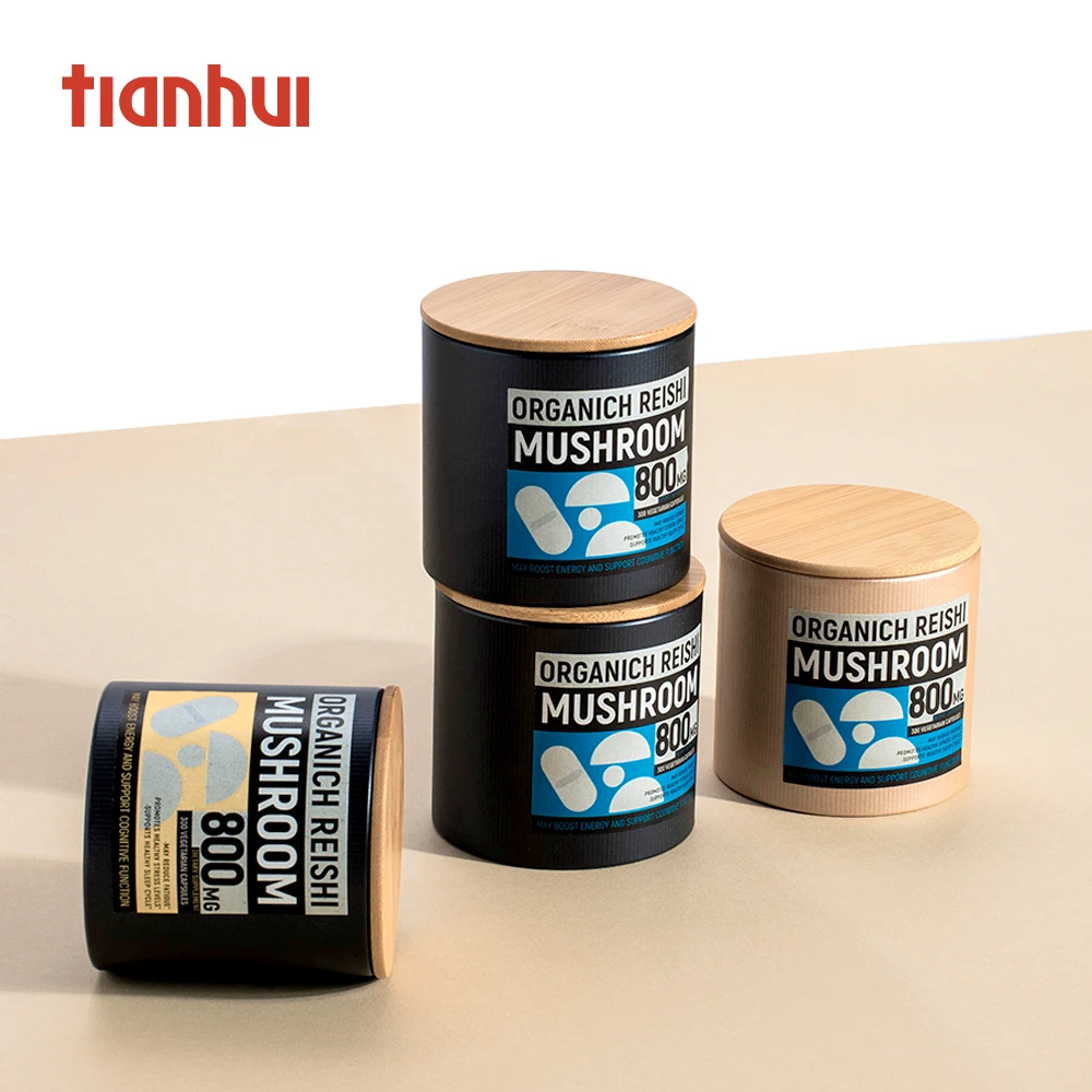 Cajas de papel Kraft redondas pequeñas Tianhui, botes de vitaminas con tapa de bambú, embalaje de cápsulas de suplementos nutricionales