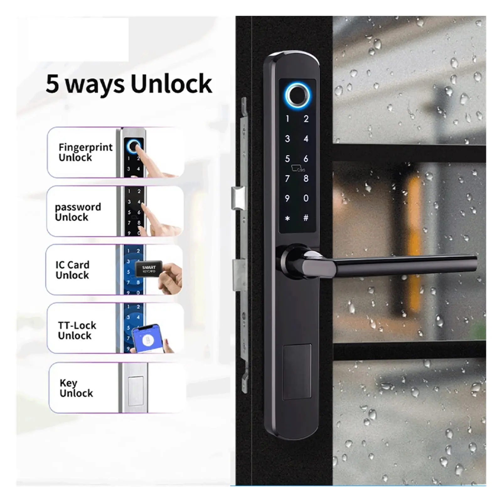 IP66 Aluminum Patio Sliding Glass Door Smart Lock Tt Lock App Handle Keypad Fingerprint RFID Electronic Digital Lock