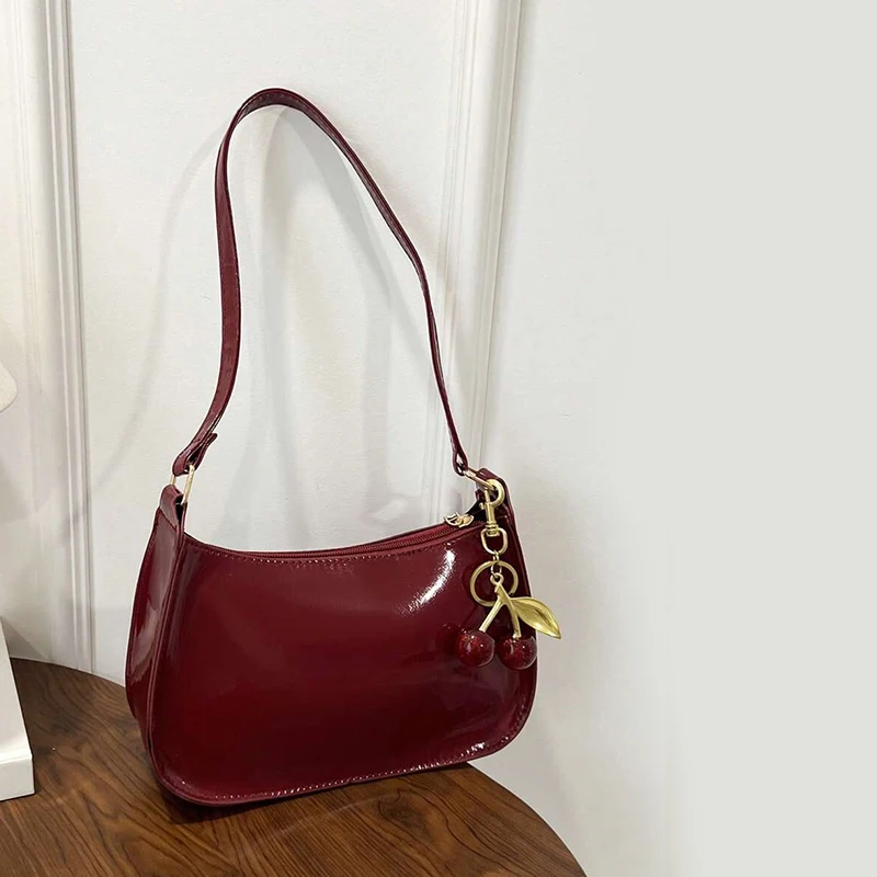 Women's PU Leather Handbag Single Strap Polyester Versatile Fashion Solid Color Cherry Pendant Casual Commuting