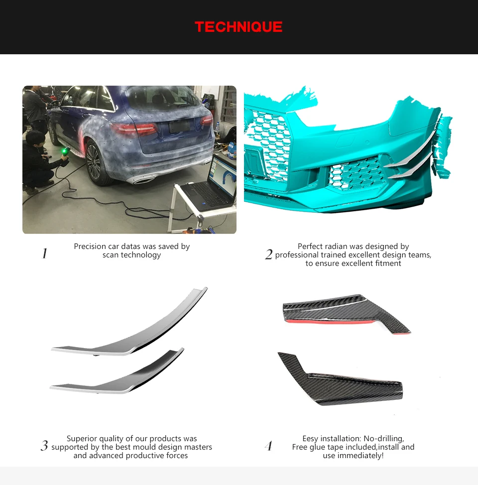 Kit 4 Ailerons Pare-chocs Avant Style Fibre Carbone - Universel Pour Voiture Et Moto - Adhésif Fort Inclus