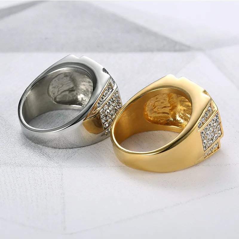 Hot Selling Style 316 Stainless Steel Titanium Steel Gold Plated Full Diamond Luxury Hiphop Men'S Ring