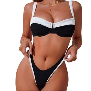 OEM Custom High Cut 2 Piece Set Women's Bikini Swimwear Colorblock Front Logo Waterproof Quick Dry Spandex/Nylon High Quality