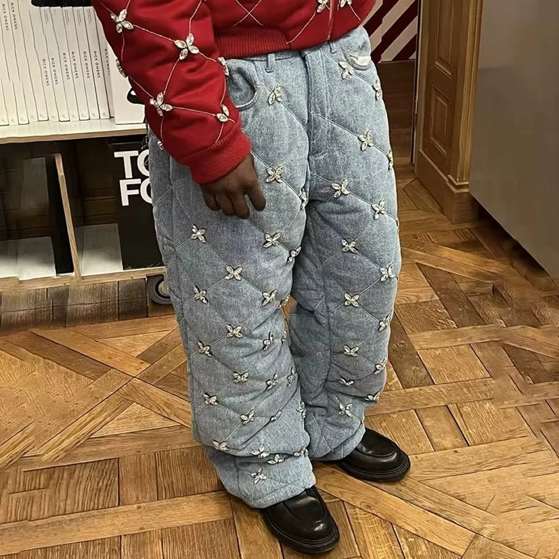 Wholesale Light Blue Cotton Padded Double Layer Quilted Rhinestone Warm Baggy Wide Leg High Waist Y2K Winter Men Denim Jeans gallery 3