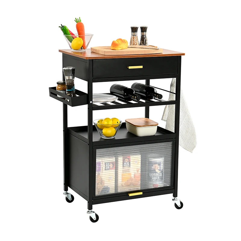 Custom Design Home Restaurant Use 4 Layers Kitchen Island Vegetable Storage Trolley Wine Bar Cart With Storage Drawers