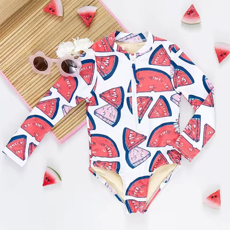 High Quality Watermelon Print One-Piece 4-16 Years Children Girls Kids Swimwear Long Sleeve supplier