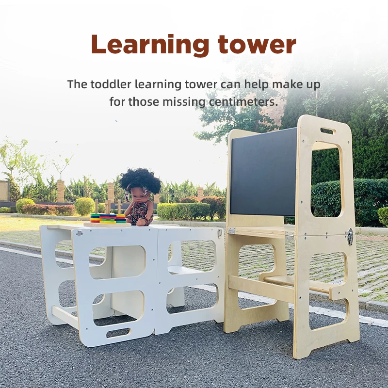 The Folding Learning Tower for Toddlers | Montessori Kitchen Helper - Xiha Toy White + Chalkboard