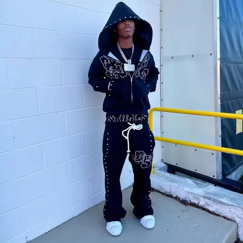Custom Streetwear 400 GSM Zip up Rhinestone Tracksuit Jogger Sweat