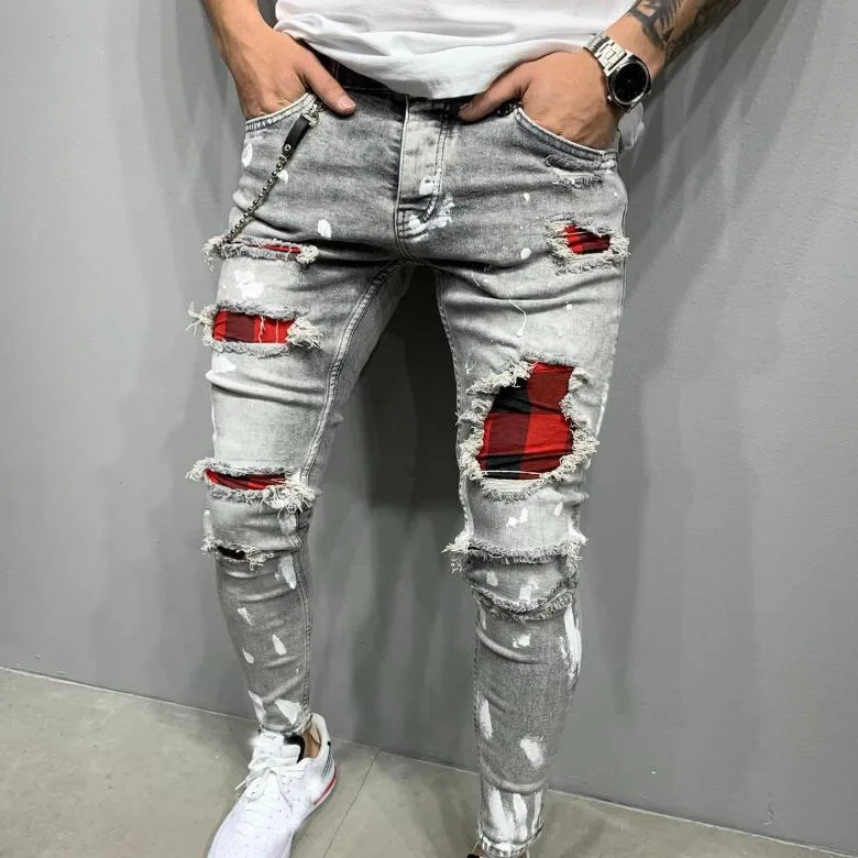 Men Jeans Ripped Jeans Motorcycle Pants Men Clothing Hole Pants Slim Fit Pencil Pants for Men Hight Street Hip Hop Jeans