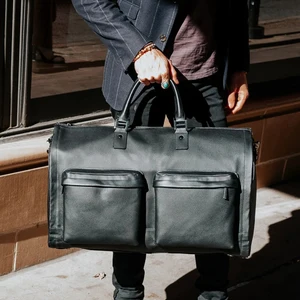 Custom Logo Black Pebble Leather Mens Travel Garment Suit Carrier Duffle Weekender Bag