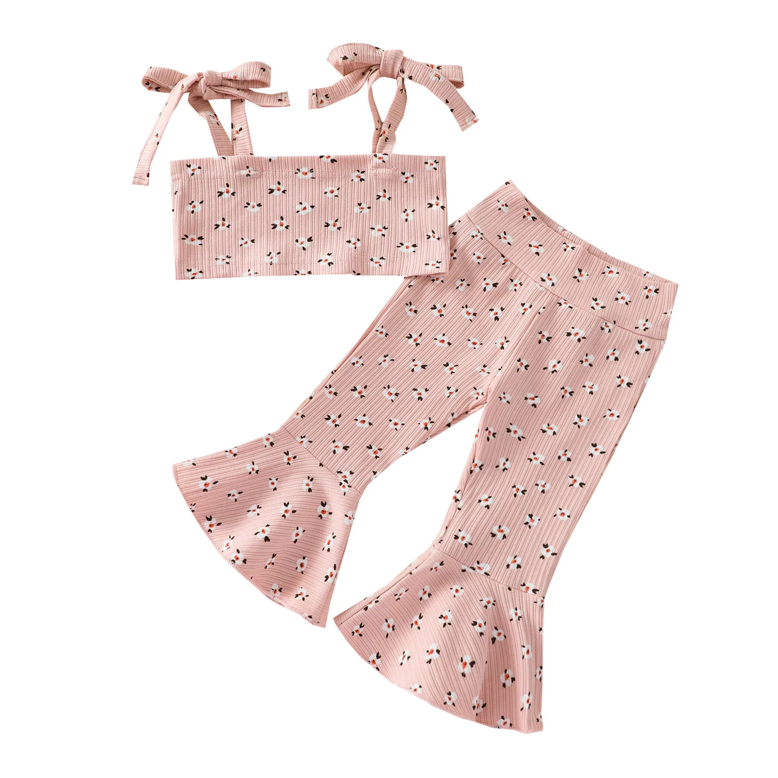 Детские укороченные топы, штаны-шаровары, костюмы из бутика с лямкой на шее, штаны с колокольчиками, детские летние комплекты одежды с цветочным принтом, дизайнерская одежда для девочек